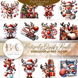 Clipart renne décalé de Noël aquarelle, illustration de Noël drôle de renne, renne de Noël lunatique, renne de vacances d'hiver