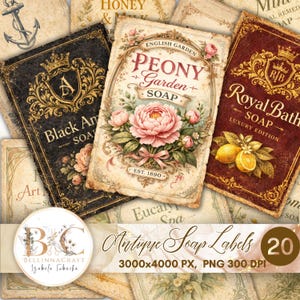 Op de afbeelding: Een verzameling antieke zeepetiketten met vintage ontwerpen. De etiketten bevatten bloemenillustraties, sierlijke tekst en een verweerde uitstraling. De etiketten bevatten tekst zoals "Peony Garden Soap" en "Royal Bath Soap".