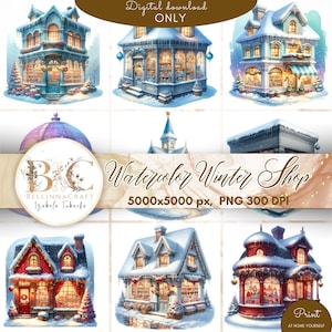 Watercolor Winter Shop Clipart, Christmas Shop Bundle, Festive Winter Decorations, Holiday Graphics,  Christmas Storefront PNG Set, Xmas Art