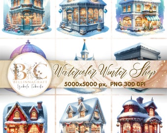 Watercolor Winter Shop Clipart, Christmas Shop Bundle, Festive Winter Decorations, Holiday Graphics,  Christmas Storefront PNG Set, Xmas Art