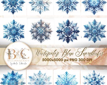 Aquarel blauwe sneeuwvlokken clipart, winter sneeuwvlok clipart, sneeuwvlok sublimatie PNG, winter ambachten afdrukbare sneeuwvlokken, winter ambachten