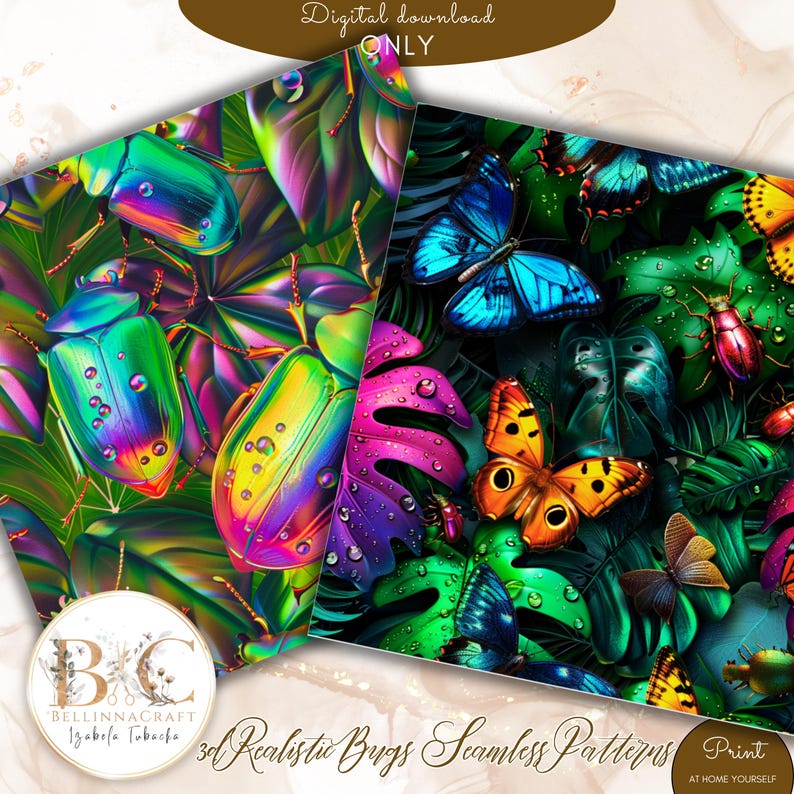 3D Realistic Bugs Seamless Digital Paper, Insects Leaf Patterns With ...