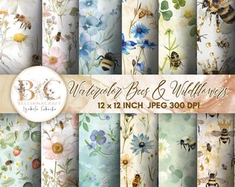 Aquarelle abeilles et fleurs sauvages, papier numérique sans couture, papier de scrapbooking Cottagecore, motif estival imprimable, abeille sans couture, fleurs sauvages JPG