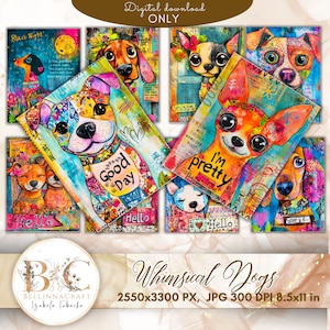 Whimsical Dogs Colorful Background Images, Mix Media Dog Junk Journal, Dogs Junk Journal Printable JPEG files, Dog print, Scrapbook pages,