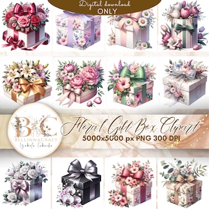 Caixa de presente floral clipart, caixa de presente de feliz aniversário, clipart de presentes embrulhados, presentes adoráveis, clipart de festa de aniversário, impressão digital PNG
