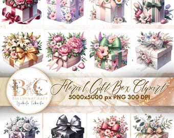 May include: A set of ten digital clipart images featuring floral gift boxes. Each image features a different floral arrangement and gift box design. The boxes are decorated with ribbons and bows. The images are 5000x5000 pixels and 300 DPI.