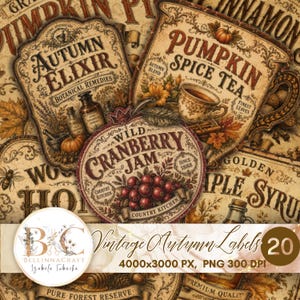May include: A collection of vintage-style autumn labels featuring decorative typography and illustrations of botanical elements, including an Autumn Elixir label, a Pumpkin Spice Tea label, and a Wild Cranberry Jam label with a cream background.