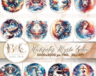Watercolor Mystic Zodiac Clipart, Astrological Symbols, Zodiac Signs Clipart, Zodiac Mandala, Horoscope Signs, Astrological Clipart PNG