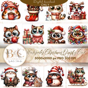 Aquarell Weihnachten schrullige Katze Clipart, lustige Katzen-Weihnachtsillustration, wunderliche Weihnachtskatze, Winterurlaub Katze, dumme Feiertags-Katzen