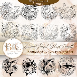 May include: A digital download bundle featuring black and white shark illustrations with floral and wave elements. The designs include various shark poses, some with open mouths, surrounded by flowers. Text reads "Tropical Floral Shark Bundle."