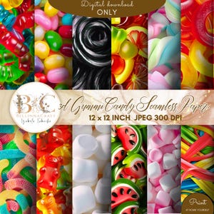 Peut inclure: Un téléchargement numérique présentant un collage de papiers sans couture de bonbons gélifiés 3D colorés. L'image comprend divers bonbons comme des vers, des ours et des anneaux gélifiés, avec le texte "3d Gummi Candy Seamless Paper" et "12 x 12 INCH JPEG 300 DPI."