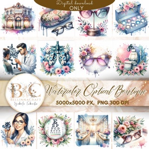Clipart di boutique di ottica ad acquerello, Clipart di optometrista, Clipart di oftalmologo, Clipart di oculisti, Clipart di optometria, Clipart di occhiali