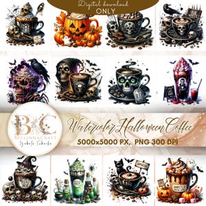 Clipart de café de Halloween em aquarela, PNG Pacote de clipart de bebida quente de café em aquarela gótica assustadora, abóbora, bruxa, sublimação de café PNG