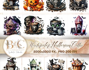 Watercolor Halloween Coffee Clipart, PNG Scary Gothic Watercolor Hot Coffee Drink Clipart Bundle, Pumpkin, Witch, Coffee sublimation PNG