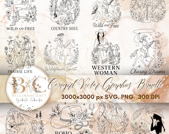 12 Cowgirl Vector Graphics Bundle, Western Girl Clipart, Country Woman SVG, Boho Rodeo Design, Laser Cut Files SVG PNG, Wild West svg