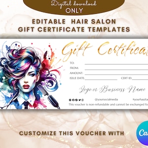 Modèle de certificat-cadeau de salon de coiffure Modèle de carte-cadeau de styliste de cheveux élégant chèque-cadeau Bon imprimable MODIFIABLE Modèle de carte-cadeau en or