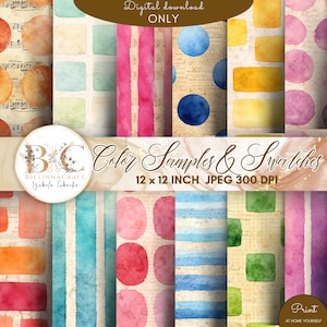May include: A digital download featuring watercolor color samples and swatches. The design includes various patterns such as stripes, circles, and squares in shades of pink, blue, yellow, and green. The text reads "Color Samples & Swatches" and "12 x 12 INCH JPEG 300 DPI".