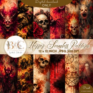 May include: A digital download graphic featuring a horror seamless pattern. The design includes skulls, spiders, and demonic figures in shades of red, black, and brown. The text reads "Horror Seamless Pattern" and "12 x 12 INCH JPEG 300 DPI".