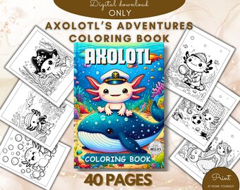 Puede incluir: Un libro para colorear con un ajolote con un sombrero de capitán en una ballena. El libro tiene 40 páginas y se titula "Axolotl's Adventures Coloring Book".