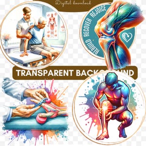 May include: A digital download featuring illustrations related to physical therapy and the human body. The image includes a doctor assisting a patient, a detailed anatomical view of a knee joint, and depictions of musculoskeletal treatments. The text "Transparent Background" is visible.
