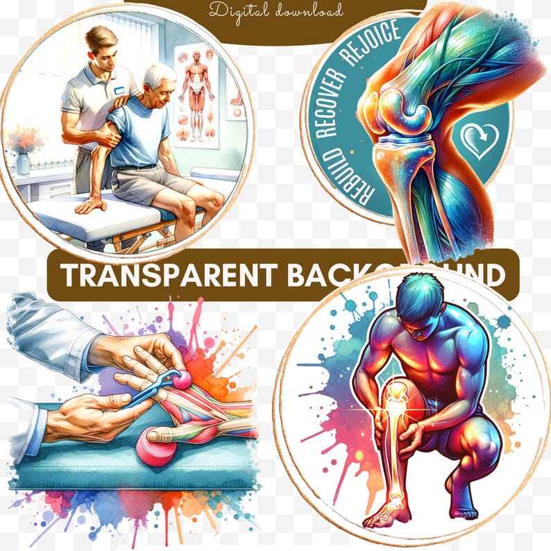 May include: A digital download featuring illustrations related to physical therapy and the human body. The image includes a doctor assisting a patient, a detailed anatomical view of a knee joint, and depictions of musculoskeletal treatments. The text "Transparent Background" is visible.