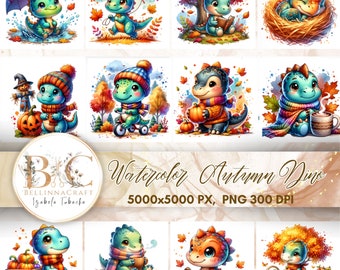 Watercolor Autumn Dino Clipart, Hello Fall Dinosaurs Clipart,  Cute Autumn Dinosaurs Clipart, Fall Baby Dinosaur, Kids Dinosaur Wall Art