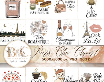 Paris Chic Clipart Bundle, Französische Mode Glam Illustrationen, Paris Ästhetische Clipart PNG, Girly Paris Grafiken, Mode Mädchen, Eiffelturm