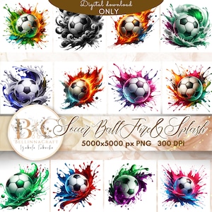 Clipart di fuoco e schizzi di pallone da calcio ad acquerello, arte stampabile di calcio, poster di calcio, PNG di sublimazione di calcio, uso commerciale, arte sportiva