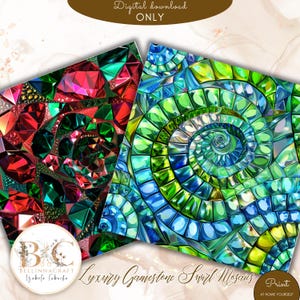 May include: Two digital download gemstone swirl mosaic designs. One features red and green gems, the other a green and blue spiral pattern. The text reads "Luxury Gemstone Swirl Mosaics" and "Digital download ONLY".