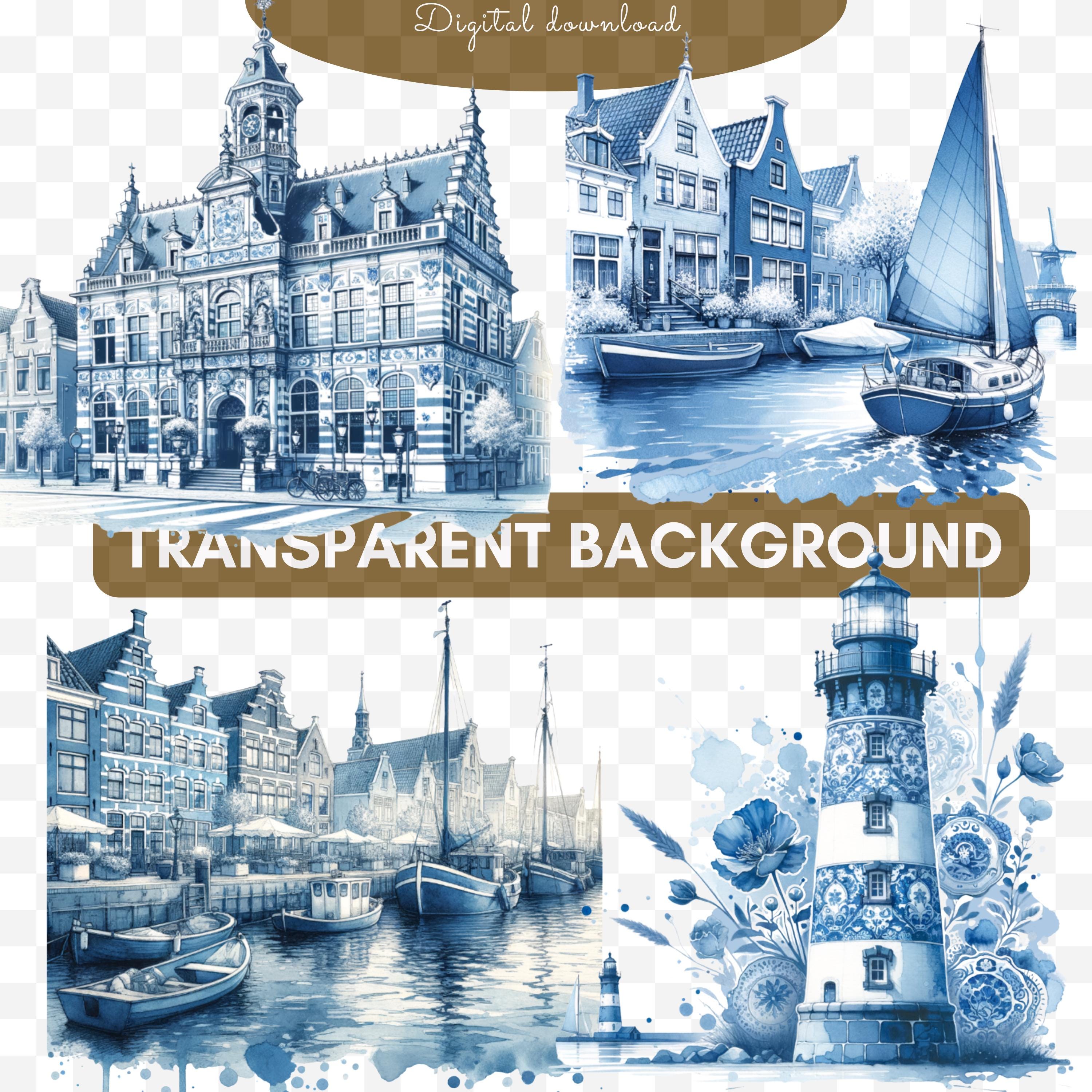 Delft Blue Architecture Clipart Set, Vintage Dutch Houses and Windmill ...