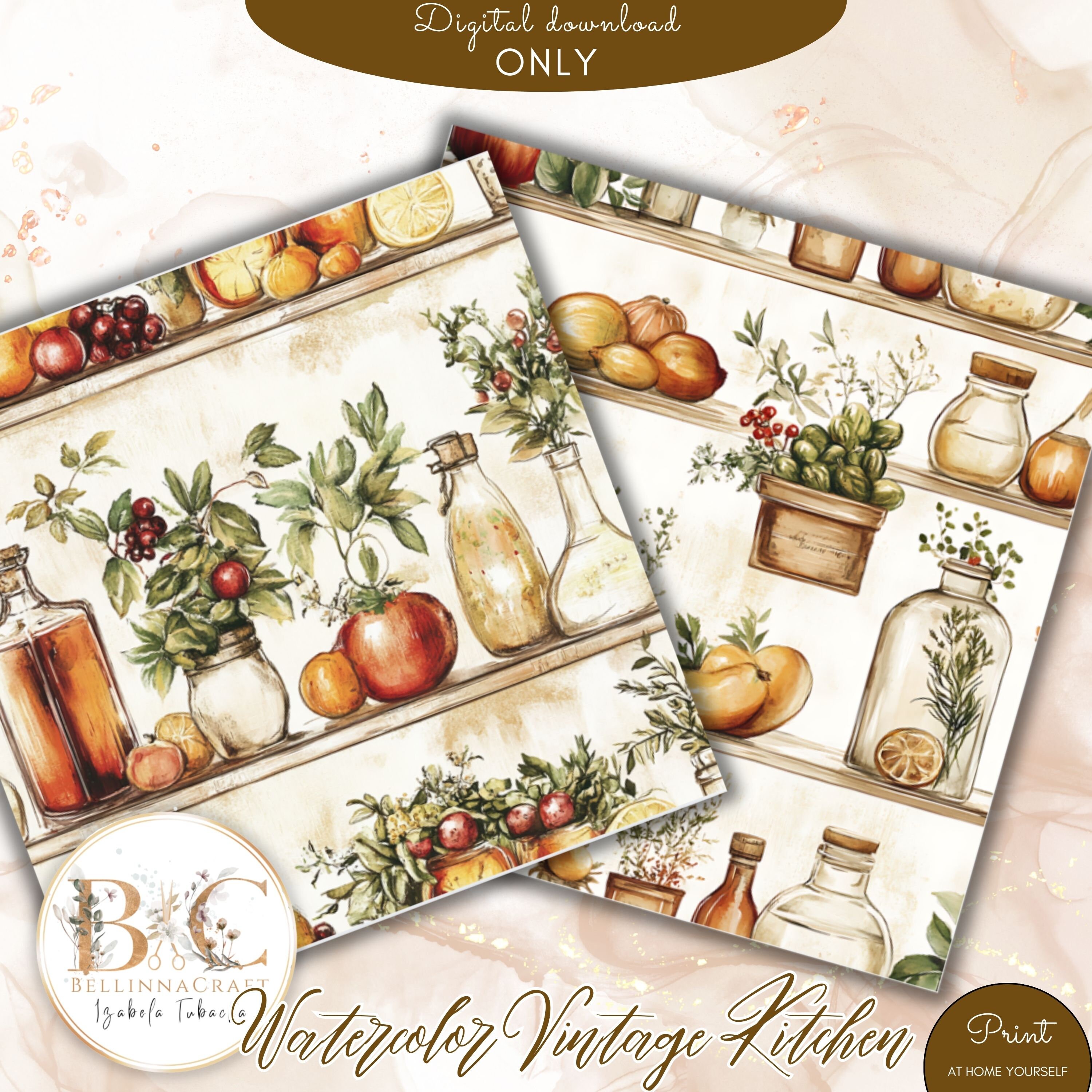 Watercolor Vintage Kitchen Seamless Digital Paper, Scrapbook Seamless ...