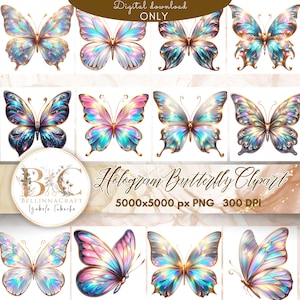 Clipart papillon hologramme, fichiers PNG de haute qualité, art mural papillon, graphiques imprimables, Illustration papillon, sublimation Design PNG