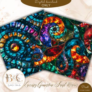 May include: Two digital art prints featuring gemstone swirl mosaics. One print has a blue and teal color scheme, while the other showcases a vibrant mix of red, orange, green, and purple. The prints are labeled "Digital download ONLY" and "Luxury Gamestone Swirl Mosaics."