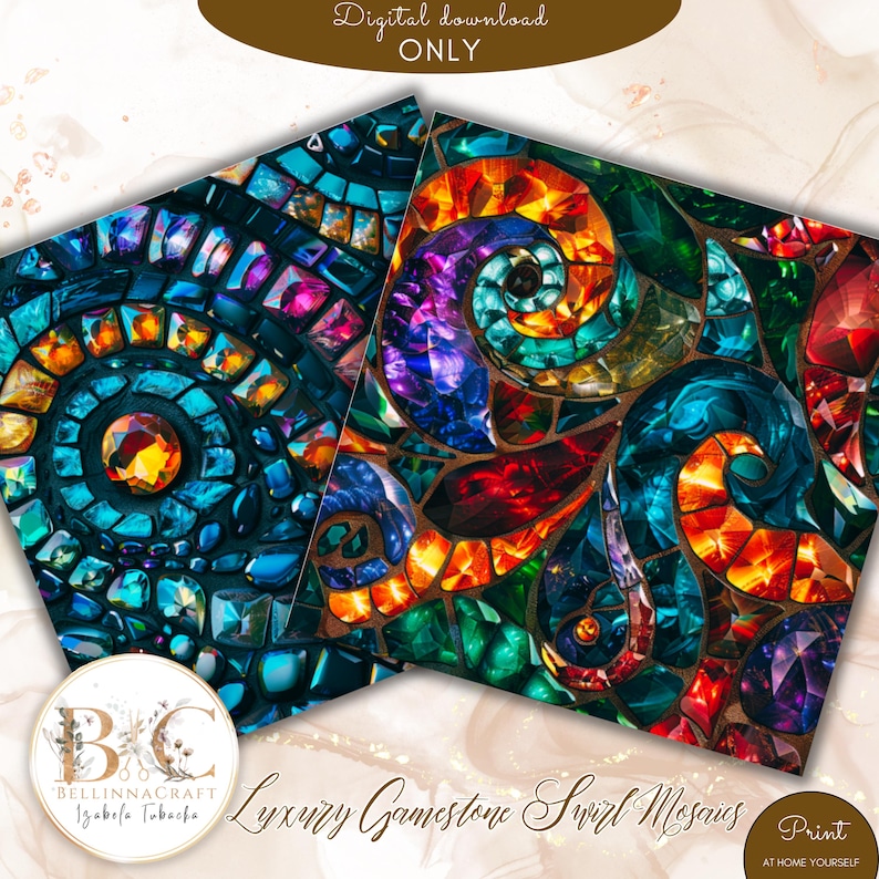 May include: Two digital art prints featuring gemstone swirl mosaics. One print has a blue and teal color scheme, while the other showcases a vibrant mix of red, orange, green, and purple. The prints are labeled "Digital download ONLY" and "Luxury Gamestone Swirl Mosaics."