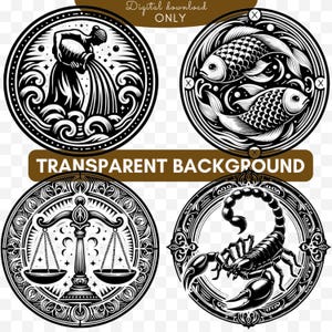 May include: Four black and white circular illustrations of zodiac signs. The signs are Aquarius, Pisces, Libra, and Scorpio. Each sign is surrounded by a decorative border.