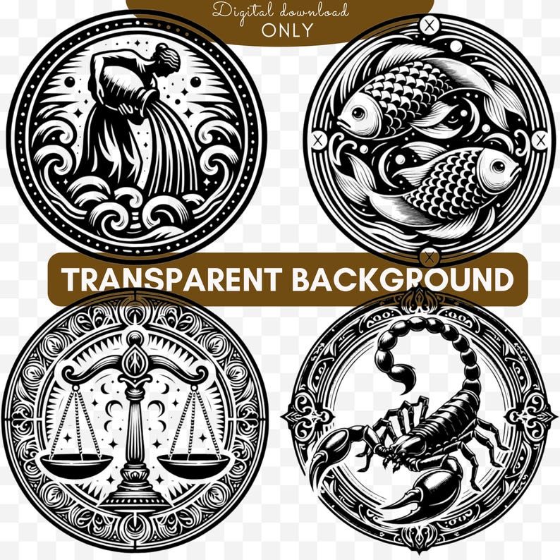 May include: Four black and white circular illustrations of zodiac signs. The signs are Aquarius, Pisces, Libra, and Scorpio. Each sign is surrounded by a decorative border.