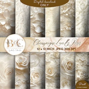 Champagnerfarbene Spitze & Rosen: Nahtlose Shabby Chic Digital Scrapbooking Papiere, 3D Rosen, Collage Sheet Junk Journal, Shimmer Shabby Papier