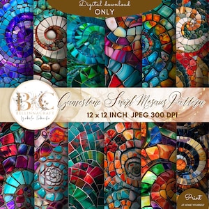 Könnte beinhalten: Ein digitaler Download mit einer Sammlung farbenfroher Mosaikmuster. Die Designs zeigen wirbelnde Muster in Blau-, Grün-, Rot- und Orangetönen. Der Text lautet "Gamestone Swirl Mosaics Pattern" und "12 x 12 INCH JPEG 300 DPI".