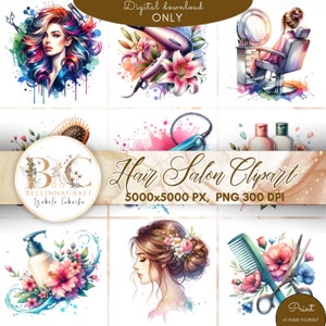 Clipart parrucchiere ad acquerello. Clipart salone di parrucchiere. Illustrazioni parrucchiere. Bundle di clip art acquerello professionale parrucchiere