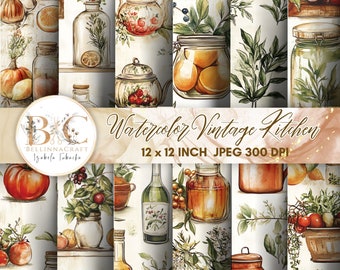 May include: A set of 12 digital paper designs featuring watercolor illustrations of vintage kitchen items, including jars, teapots, and fruit. The papers are 12 inches by 12 inches and 300 DPI.
