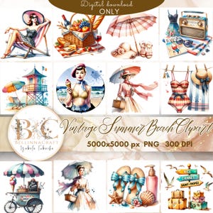 Vintage Summer Beach Clipart, Retro French Riviera Fashion, Radio & Sunglasses, Watercolor Illustration PNG, Beach PNG, Retro Holiday png