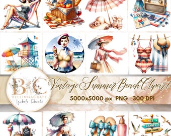 ヴィンテージサマービーチクリップアート、レトロなフレンチリビエラファッション、ラジオとサングラス、水彩イラストPNG、ビーチPNG、レトロなホリデーPNG