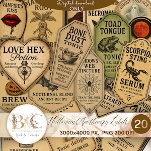 Etiquetas de boticario de Halloween, pegatinas para botellas de pociones espeluznantes, etiquetas de brujería y veneno, pegatinas vintage de boticario para decoración de Halloween (PNG)