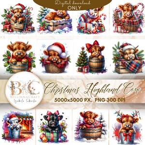 Watercolor Christmas Highland Cow PNG, Baby Highland Cow Clipart, Funny Highland Cow, Cows in Bucket, Highland Cow Bundle, Cow Sublimation