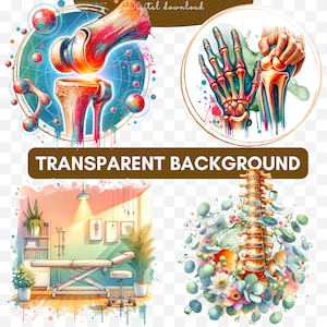 May include: Digital download featuring watercolor illustrations of human anatomy. Includes images of bones, joints, and a doctor's office. The text "TRANSPARENT BACKGROUND" is displayed.