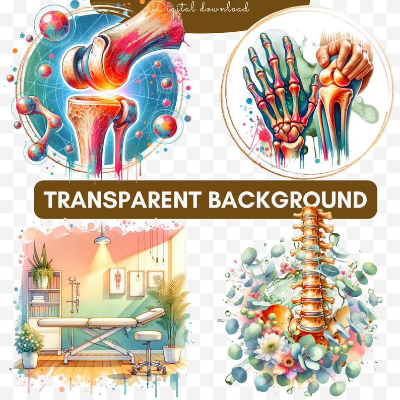 May include: Digital download featuring watercolor illustrations of human anatomy. Includes images of bones, joints, and a doctor's office. The text "TRANSPARENT BACKGROUND" is displayed.