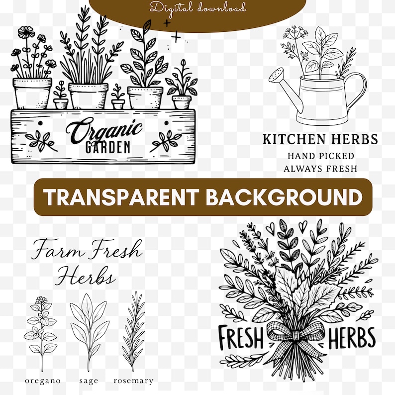 Może przedstawiać: Czarno-białe ilustracje zi&oacute;ł i element&oacute;w ogrodniczych. Zawiera rośliny doniczkowe na drewnianym znaku z napisem "Organic Garden", konewkę z ziołami i bukiet zi&oacute;ł z kokardą. Tekst zawiera "Kitchen Herbs", "Farm Fresh Herbs".