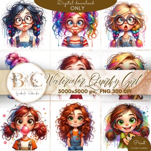 Paquete de imágenes prediseñadas PNG de niña peculiar en acuarela, imágenes PNG de efímeras caprichosas, imágenes prediseñadas de muñeca de niña linda, diario basura de fantasía, muñeca linda