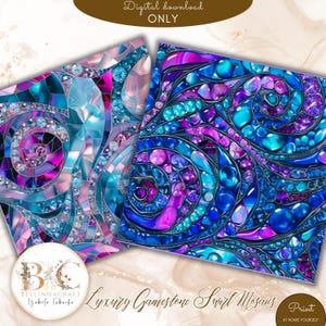 May include: Two digital art prints featuring gemstone swirl mosaic designs. The prints showcase a vibrant mix of blue, turquoise, purple, and pink hues. The text "Digital download ONLY" and "Luxury Gamestone Swirl Mosaics" are visible.