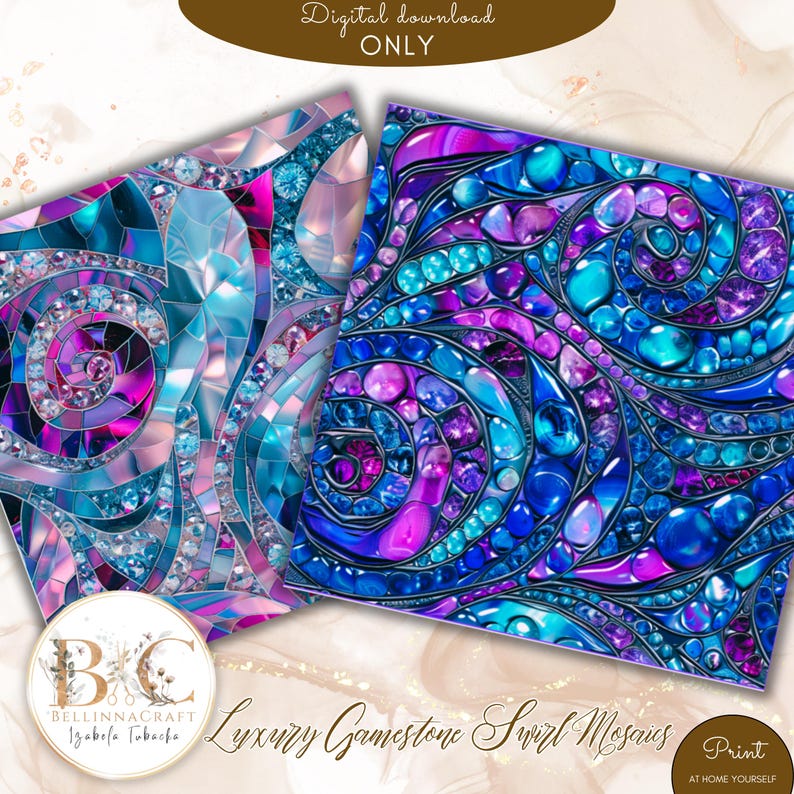 May include: Two digital art prints featuring gemstone swirl mosaic designs. The prints showcase a vibrant mix of blue, turquoise, purple, and pink hues. The text "Digital download ONLY" and "Luxury Gamestone Swirl Mosaics" are visible.